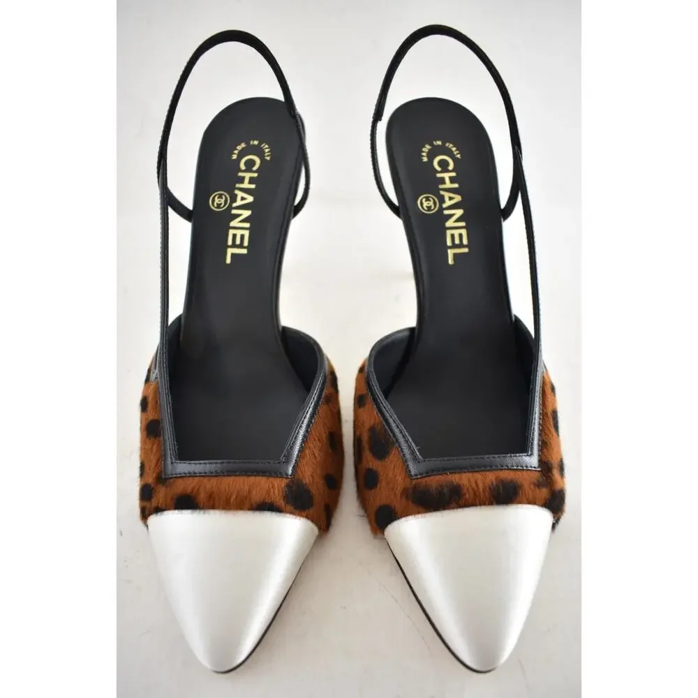 Chanel 26A Brown Leopard Black White Sling CC Gold Logo Slingback Heel Pump 36.5